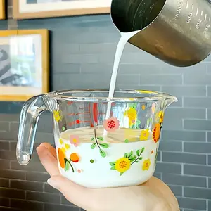 Household Glass Measuring Cup with Handle, Floral Pattern, Heat Resistant, Easy Clean, Precise Measurements, Ideal for Baking and Drinking