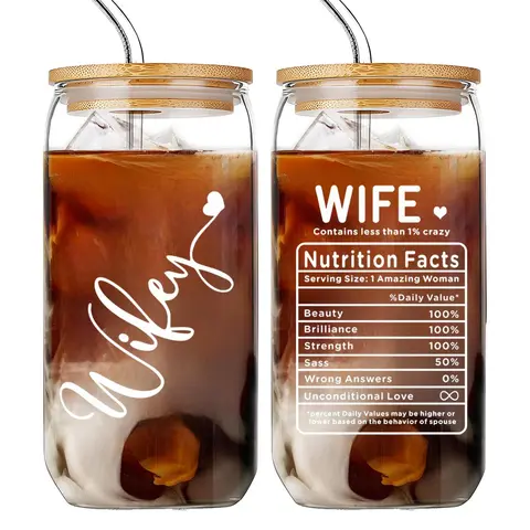 Wife Letter Glass Cup with Straw & Brush, 1 Count Creative Clear Glass Cup, Drinking Cup for Home Office Use, Gift for Wife, Stylish Drinkware