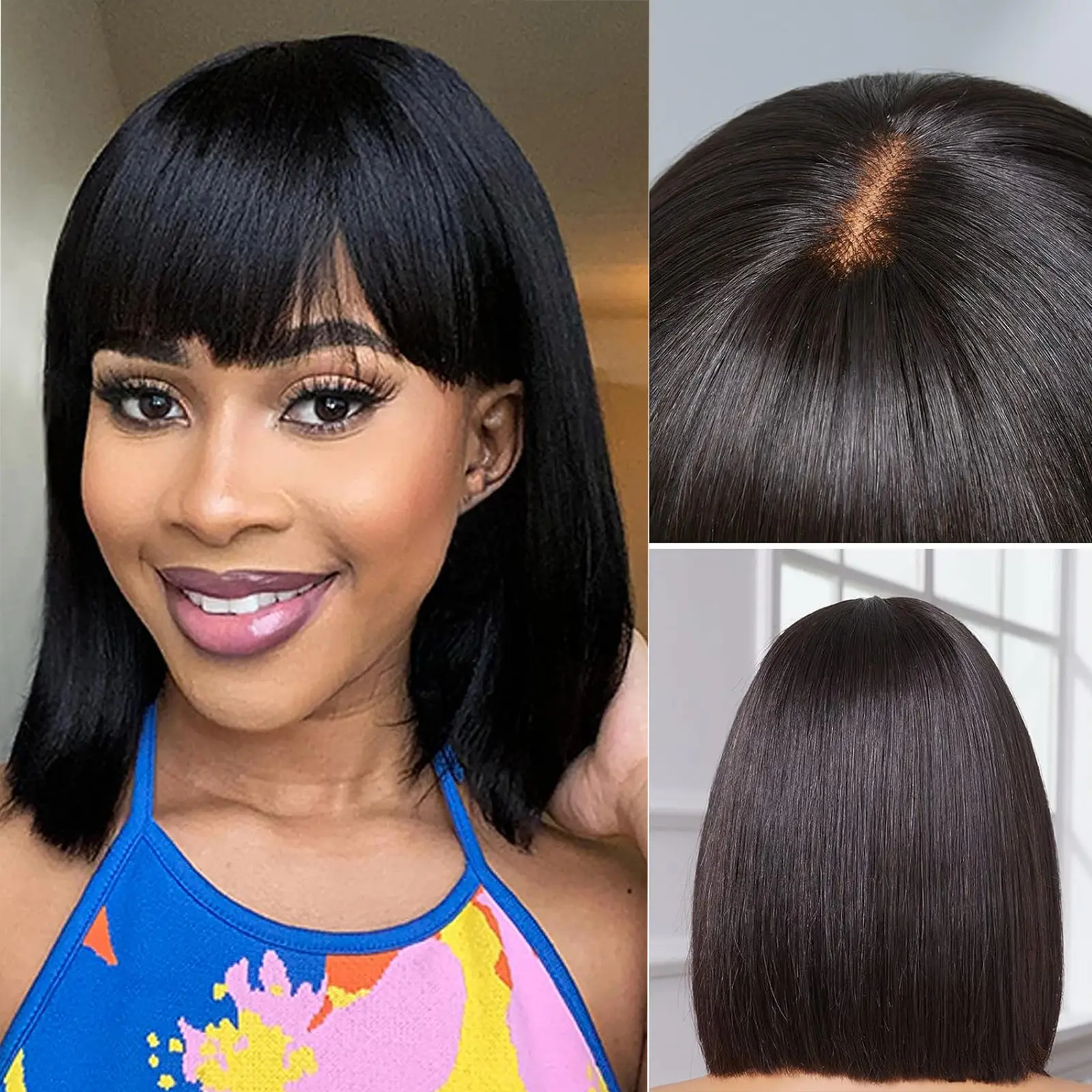 Datanala Women's 3x1 Middle Part Frontlace Glueless Wig with Bangs - 180% Density Straight Short Bob Cut, Realistic Natural Fit Lace Frontal Wig for Women, Lace Frontal Wigs