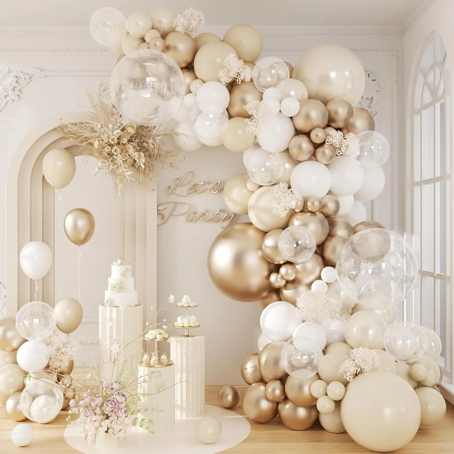 Beige and Champagne Balloon Arch Kit Metallic Gold, Pearl White for Weddings and Special Events