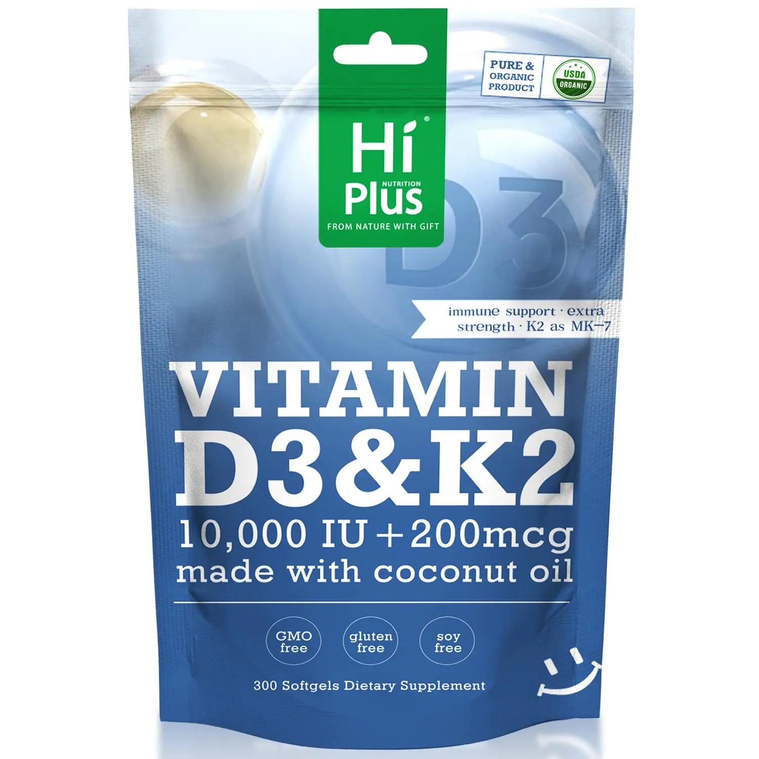 HiPlus Vitamin D3 & K2 | 10,000 IU + 200 mcg, Immune Support & Bone Health, Made with Coconut Oil,300 Softgels Natural Extra Strength Calcium