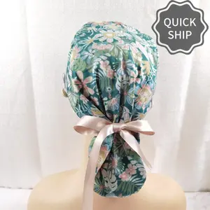 Orchid Leaves Scrub Cap With Button,Ponytail,Surgical Doctor Print Hats,Women Long Hair, Gift for Nurse