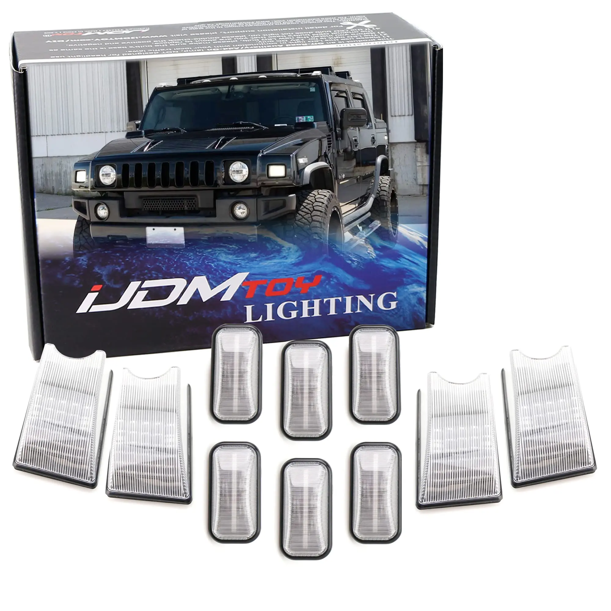 iJDMTOY Complete 10pc Set White/Clear Lens Cab Roof Marker Light Housings For 2003-2009 Hummer H2 SUV/SUT