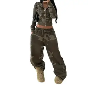 Women's Camouflage Color-Block Hooded Zip-Up Sweatshirt + Loose-Fit Baggy Sweatpants Casual Two-Piece Set