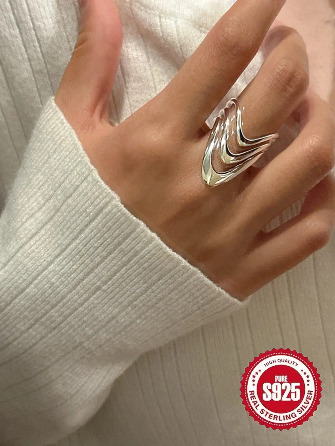 S925 Sterling Silver Fashionable Multi-layer Cuff Design Ring, Statement Rings, Unique Rings, Fashion Jewelry for Party, Daily Clothing Decor, Trendy All-match & Exquisite Jewelry for Birthday Gift