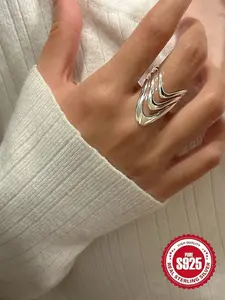 S925 Sterling Silver Fashionable Multi-layer Cuff Design Ring, Statement Rings, Unique Rings, Fashion Jewelry for Party, Daily Clothing Decor, Trendy All-match & Exquisite Jewelry for Birthday Gift