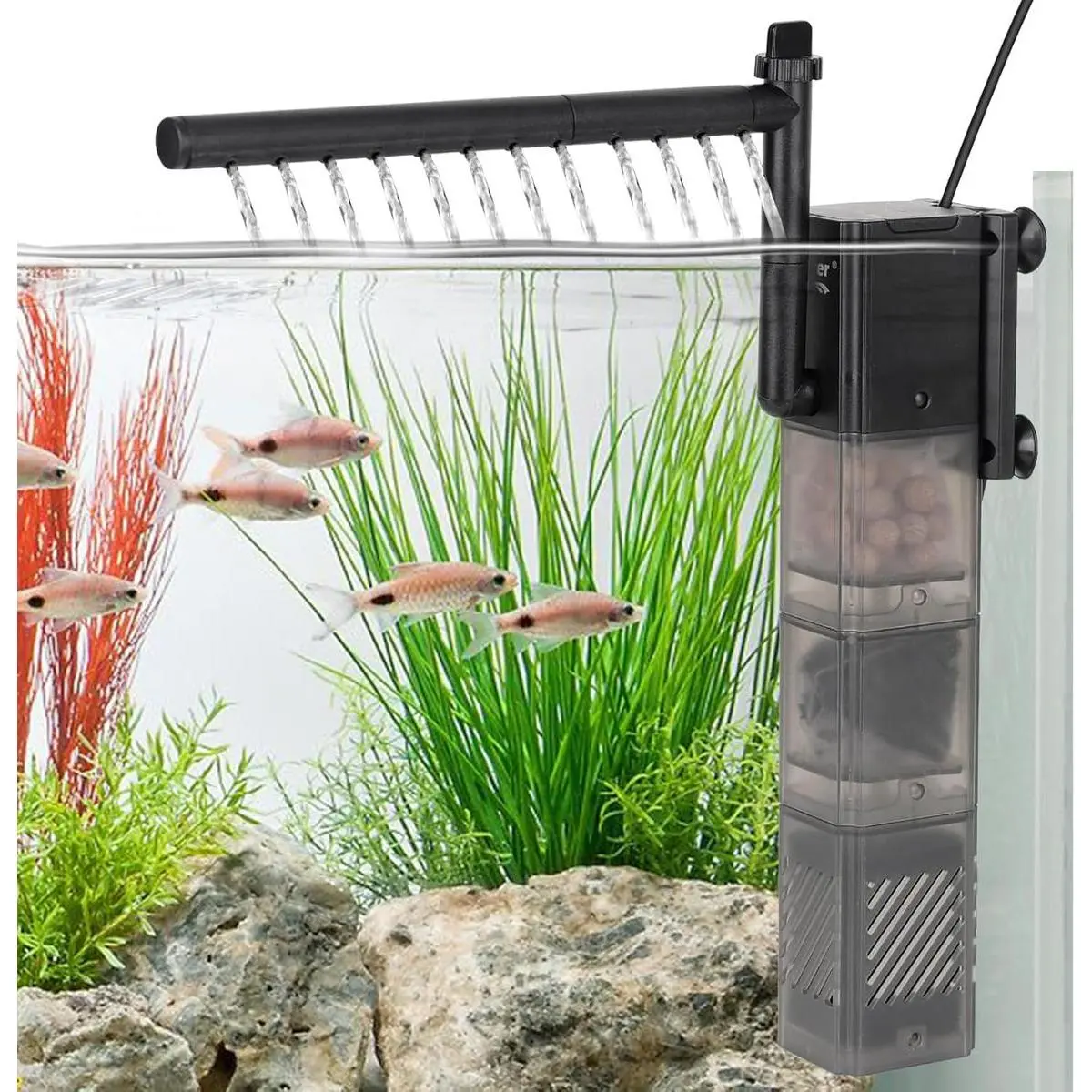 Aquarium Filter 5-in-1 Multifunctional Silent Fish Tank Filter with Rainfall Aeration 3-Level Filtration Adjustable Submersible Built-in Filter and Water Changer Suitable for 2 to 45 Gallon Fish Tanks