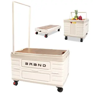Foldable Utility Cart with Wooden Cover, Folding Organizer with Handles and 360° Swivel Wheels.Portable Storage Crate Containers for Camping,Shopping,Office