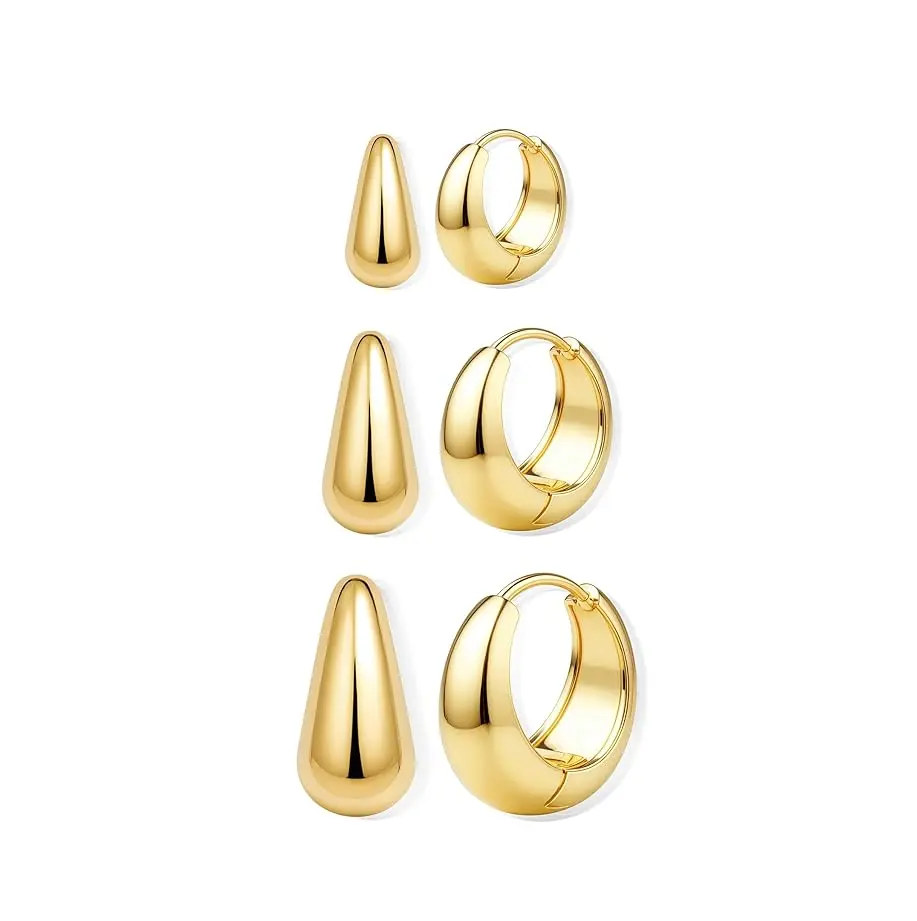 3 Pcs Chunky Gold Hoop Earrings Set for Women Gold Plated Lightweight Gold Hoop Earrings Everyday Jewelry Silver Hypoallergenic Earrings Set Thick Gold Hoops