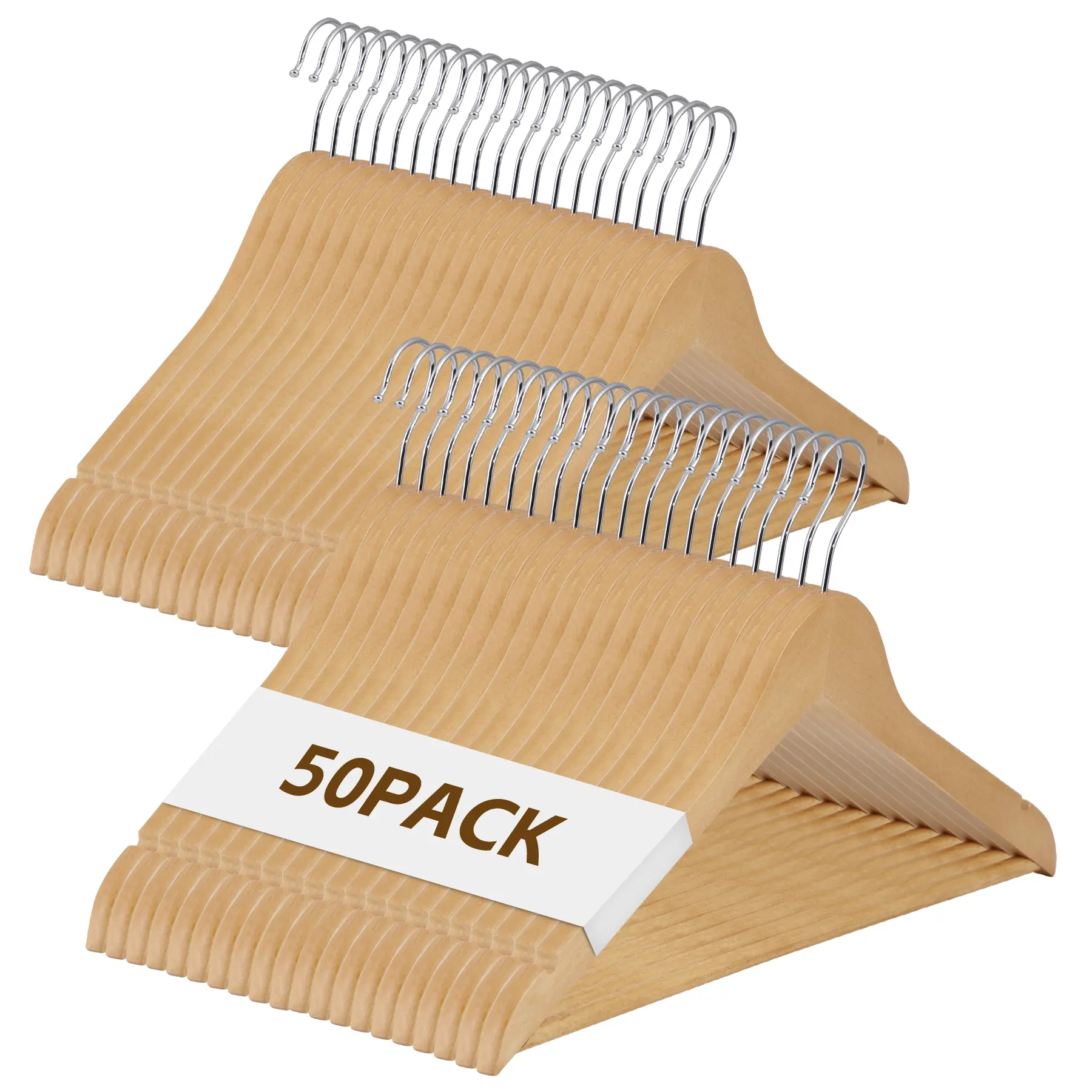 50-Pack Classic Elegant Slim Wooden Multifunctional Clothes Hanger Set - Eco-Friendly Natural Finish, Metal Hangers with 360° Rotatable Hook, Notches, Iron Reinforcement, Ideal for Women's Clothes, Adult Shirts,dorm essentials,home decor