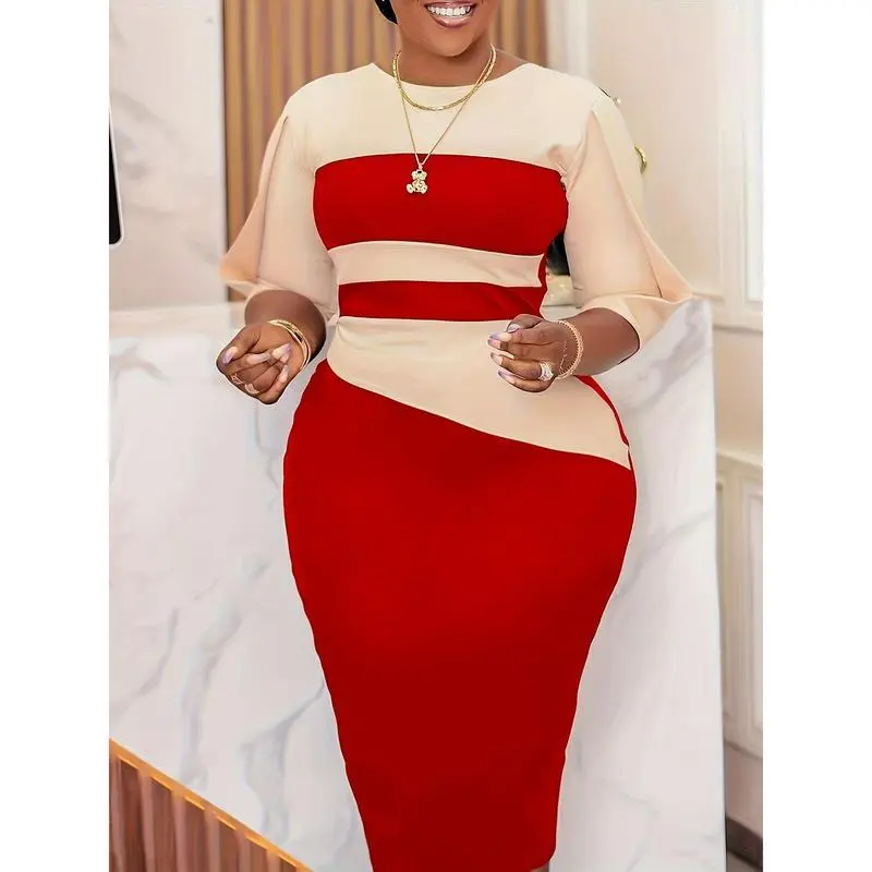 Color Block Simple Dress, Casual Crew Beck Tight Mid-Length Dress, Women's Clothing Elegant