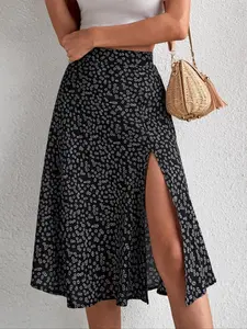Women's Ditsy Floral Print Split Thigh A Line Skirt, Casual Style High Waist Midi Skirt For Beach Holiday Vacation, Ladies Bottoms For All Seasons