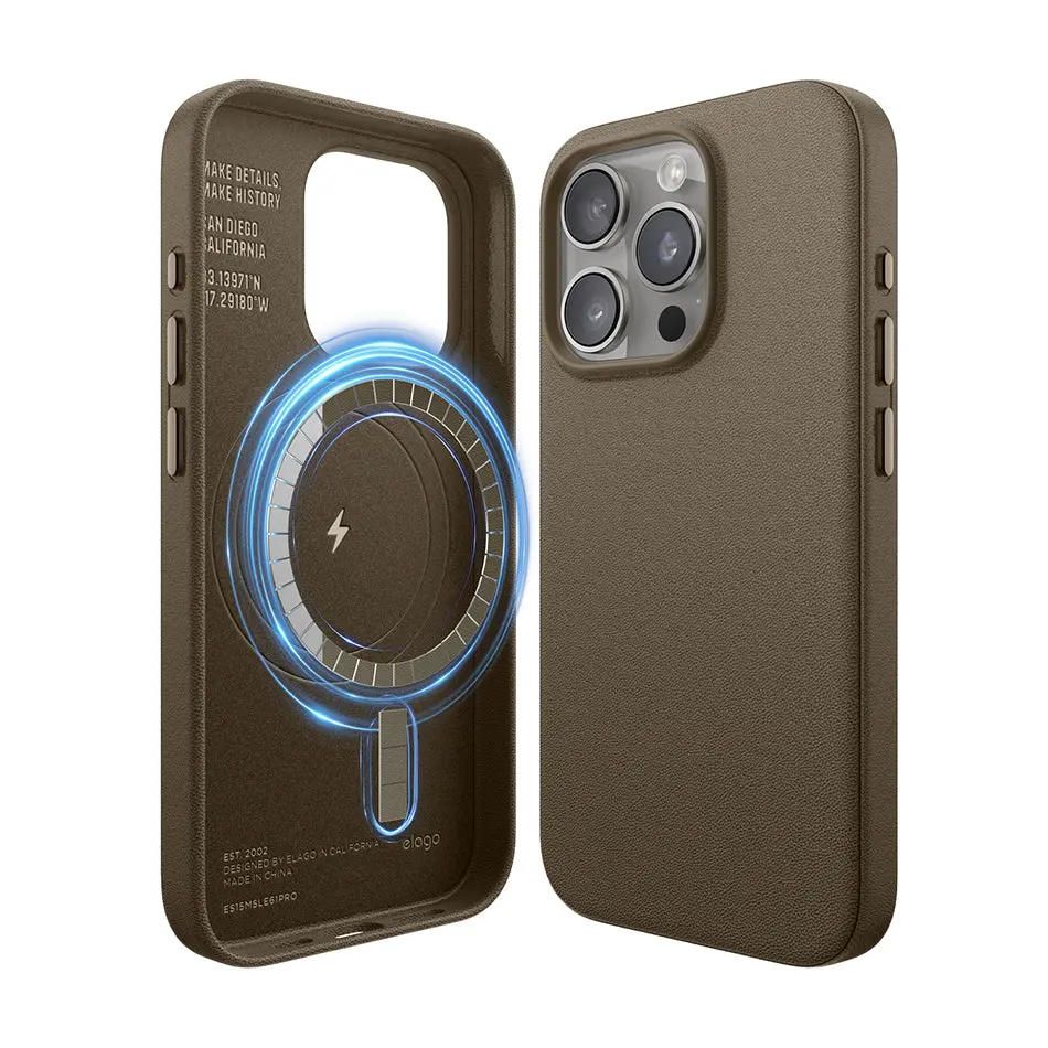 elago MagSafe Leather Case - Durable Metal Protector Cover for iPhone 15 Pro, Phone Accessories (5 Colors)