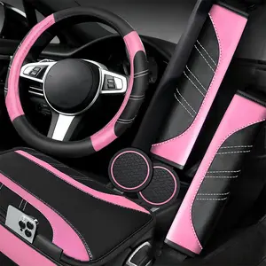 6Counts Car Interior Accessories Set: Sporty PU Leather Steering Wheel Cover (14.5-15 inch Universal), Microfiber PU Leather Car Console Cover, Seatbelt Pads, Cup Holder Pads. Suitable for Men and Women, All Seasons.