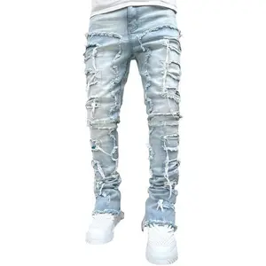 Mens Slim Fit Ripped Skinny Stretch Stacked Jeans, Distressed Straight Denim Pants for Hip Hop Streetwear Fashion Washed Raw Hem Menswear
