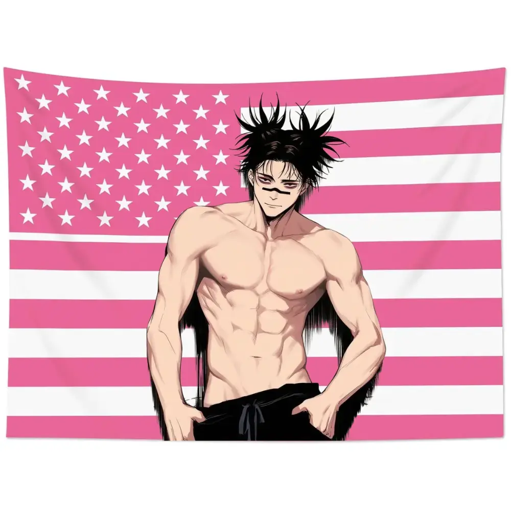 Choso Pink American Flag Print Tapestry - JJK Dark Fantasy Anime Character Aesthetic, Otaku Collectibles, US Pride Home Decor, Indoor Room Decor Supplies, Bedroom Wall Hangings, Indoors