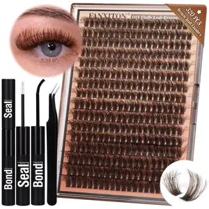 Brown Lash Clusters 320 Pcs Lash Extension Kit DIY Eyelash Extensions Kit Natural Look Cluster Lashes D 8-16 MM Mixed Lash Bond and Seal Lash Tweezers for Lash Clusters Kit DIY at Home