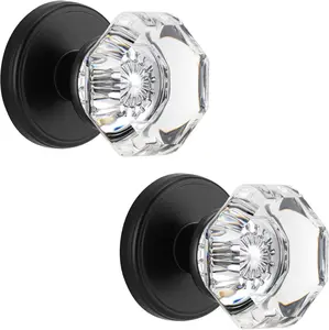 Glass Dummy Round Door Knob, Bifold Closet Dummy Door Handles Octagon Non-Turning Single Side, Matte Black, 2 Pack
