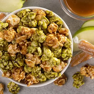 Apple & Caramel Popcorn - Green Apple Candy-Coated Popcorn with Melted Caramel Coating for Sweet Crunchy Snack