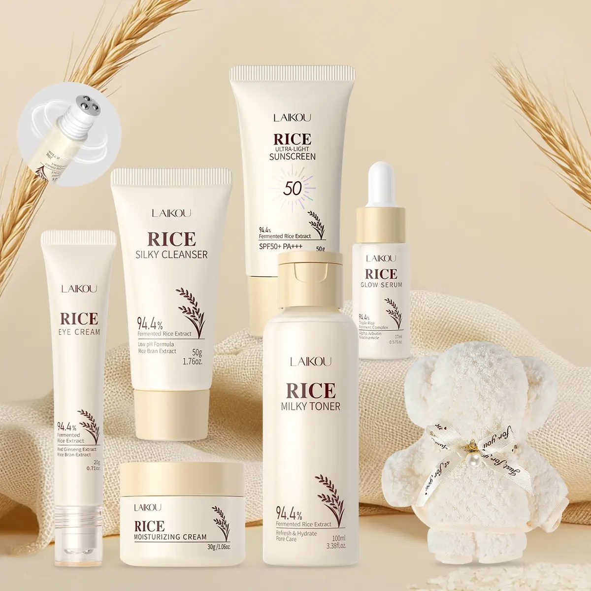 Laikou Rice Skin Care Routine Set, Including Cleansing, Toner, Eye Cream, Suncreen, Serum,Face Cream, Towel, Hydrate Moisturizing Skin Care Kit for Women, Hydrating Soothing, Best Gift