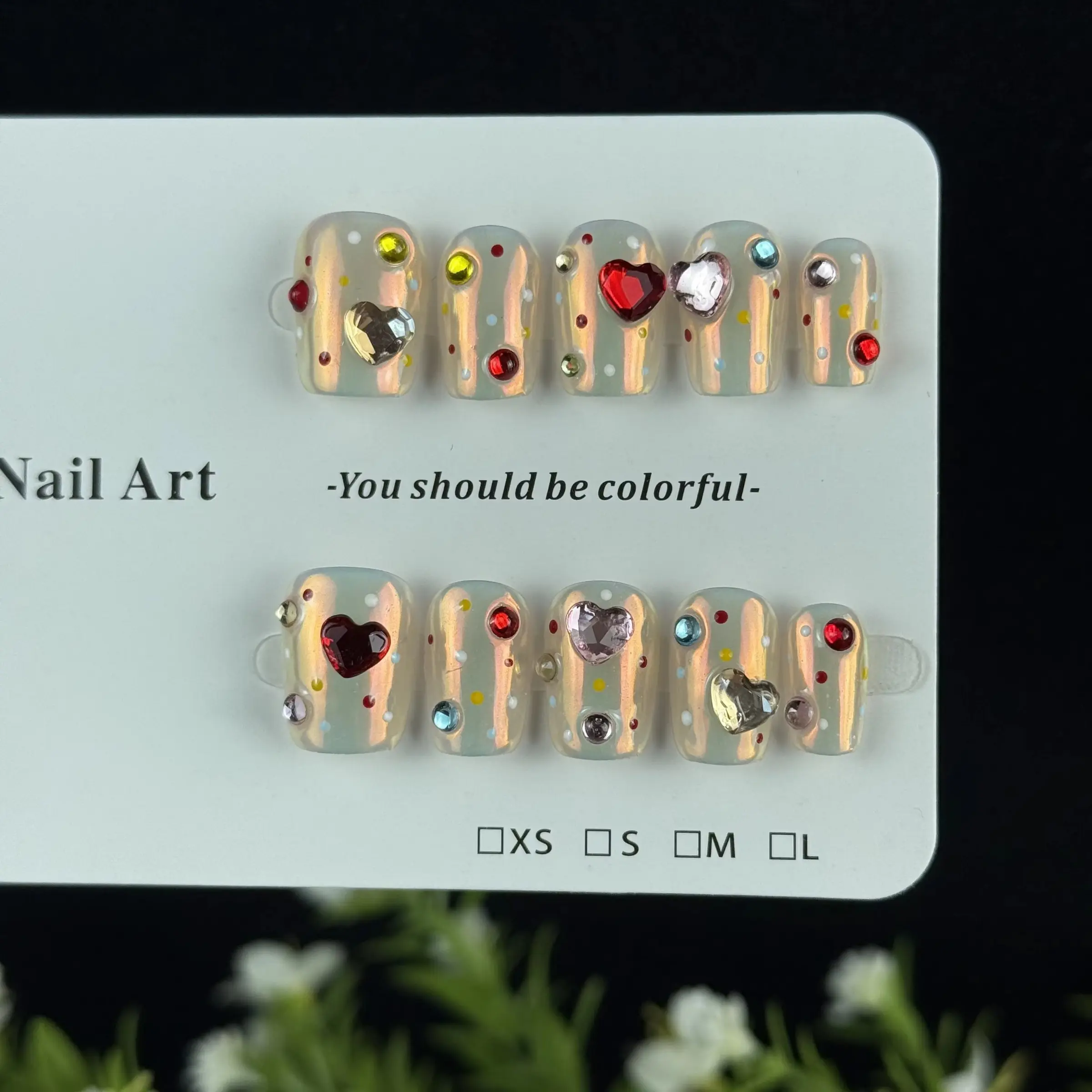 10pcs high-end Cute girl style, hand-painted three-dimensional colorful heart, Heart Design Rhinestone, sparkling point diamond handmade fake nails Glittering Fake Nails Decorative Nails