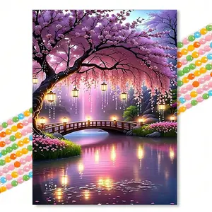 Dreamy Cherry Bridge Night Scene Diamond Painting Kits, Diy Diamond Art, Romantic Healing Style, Round Drill 30x40cm, Living Room Bedroom Decor, DIY Gift