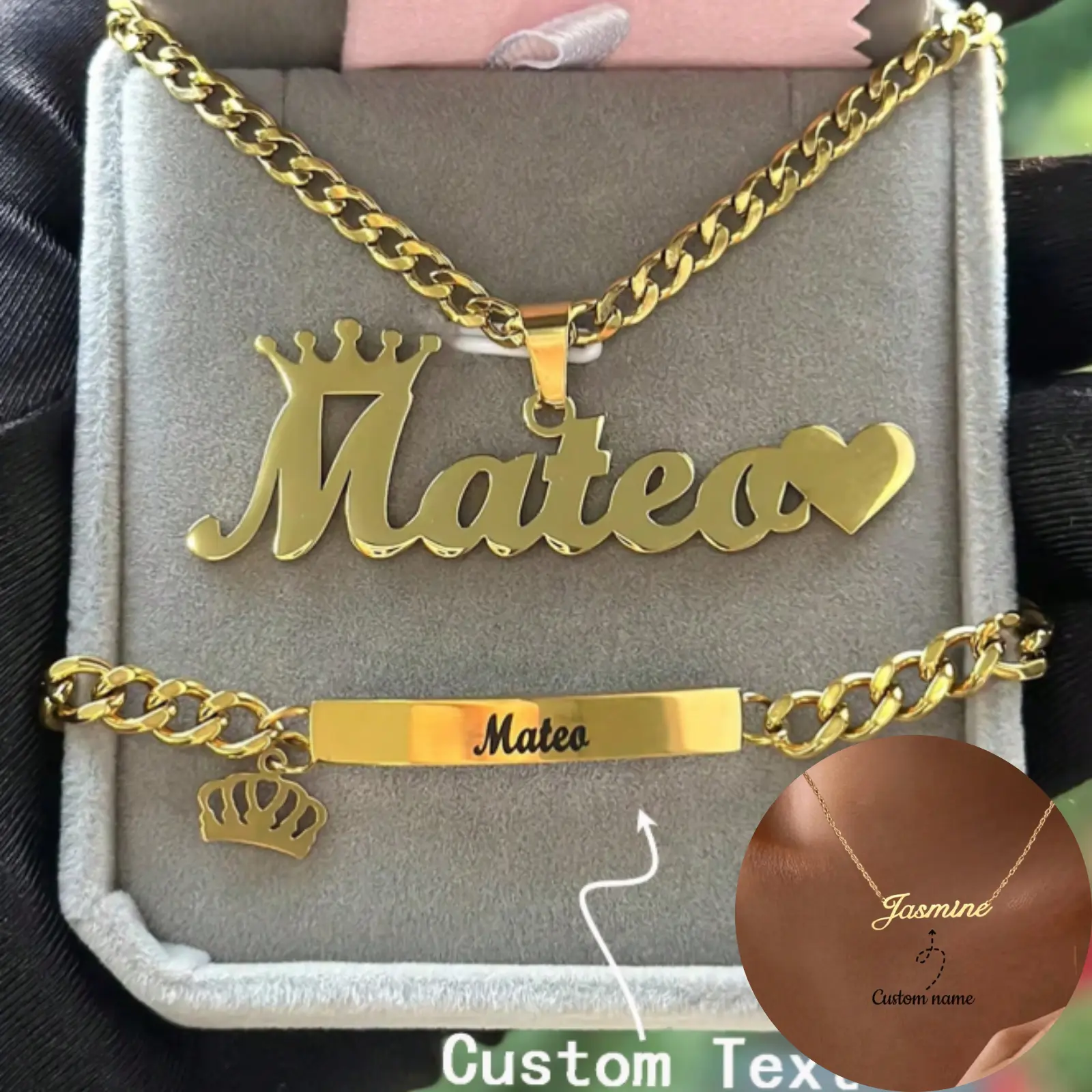 Personalized Name Jewelry Set – Necklace and Bracelet with Engraved Love Crown Pendant, 18K Gold Plated, suitable for everyday wear or as a gift