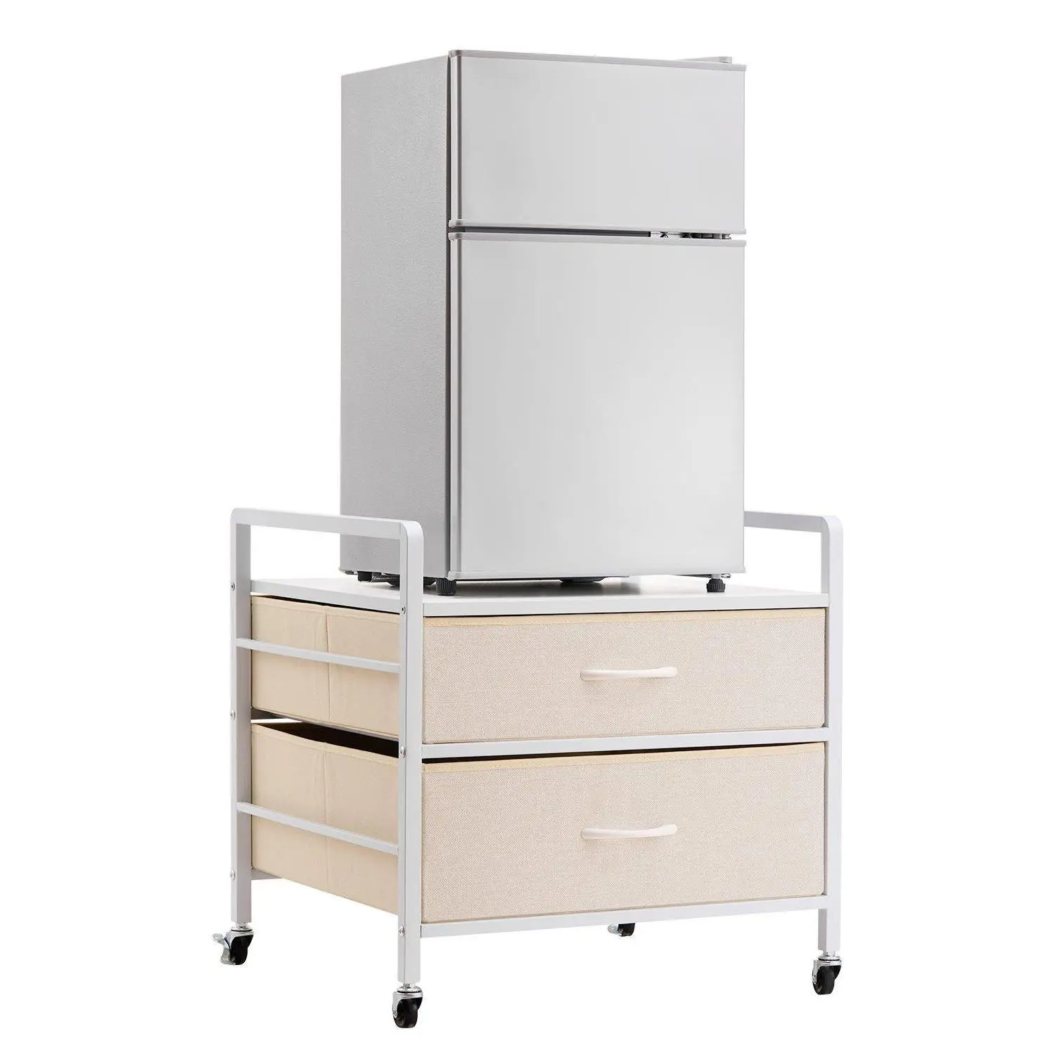 VEVOR Mini Fridge Stand with Storage, 176 lbs Capacity White Wood Furniture, 2-Drawer Kitchen Home Utility Table for Mini Fridges