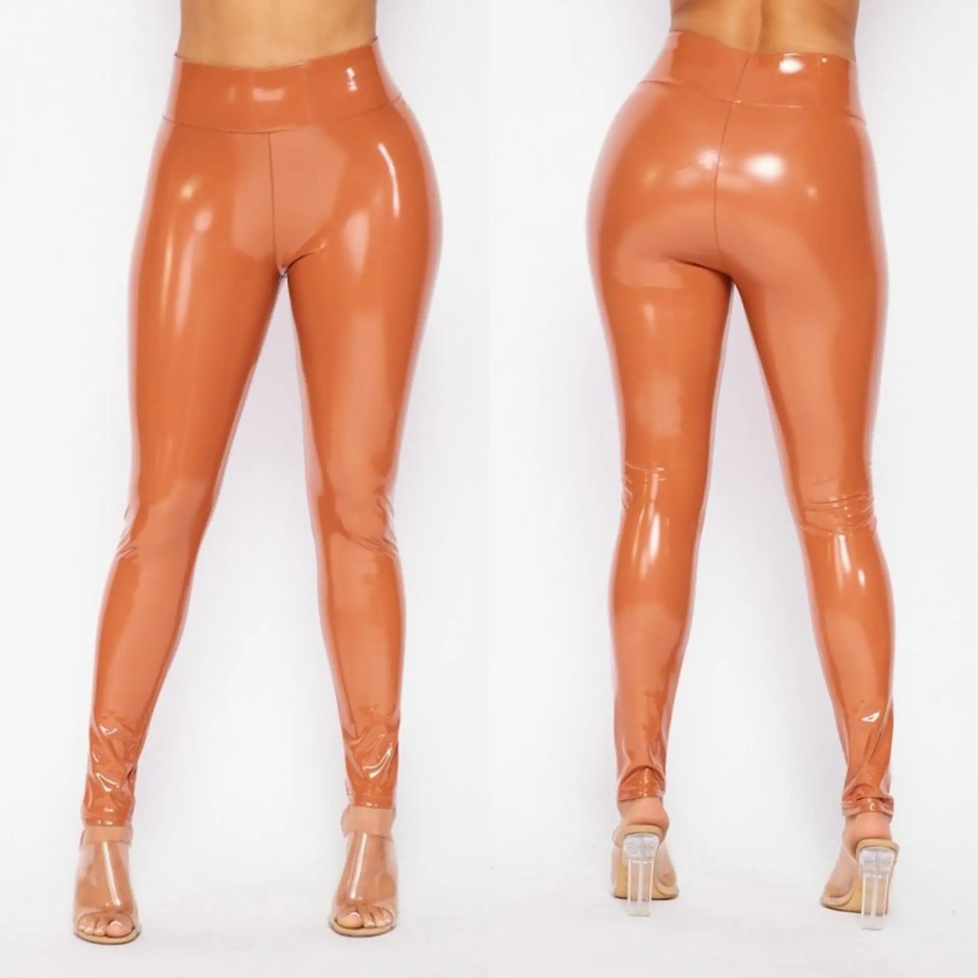 Camel glossy high waist leggings