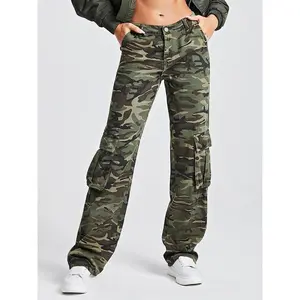 Women's Camo Print Pocket Cargo Pants, Casual Street Button Straight Leg Trousers for Daily Wear, Ladies Bottoms for All Seasons（gift） Womenswear Camouflage