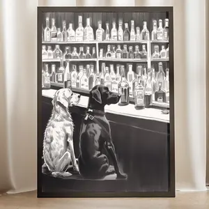 Dog At The Bar Inked Sketch Style Poster - Bar Cart Art Print, Monochrome Home, Ink Drawing, Gift for Dog Lover UNFRAMED