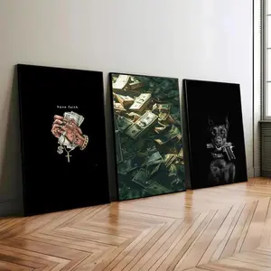 3 Count/set Hip Hop Money Wall Art Set of 3 Gangster Dog Poster Luxury Cash Stack Canvas Digital Streetwear Rap Decor unframed wall art decor Artwork Hand Unframed Poster