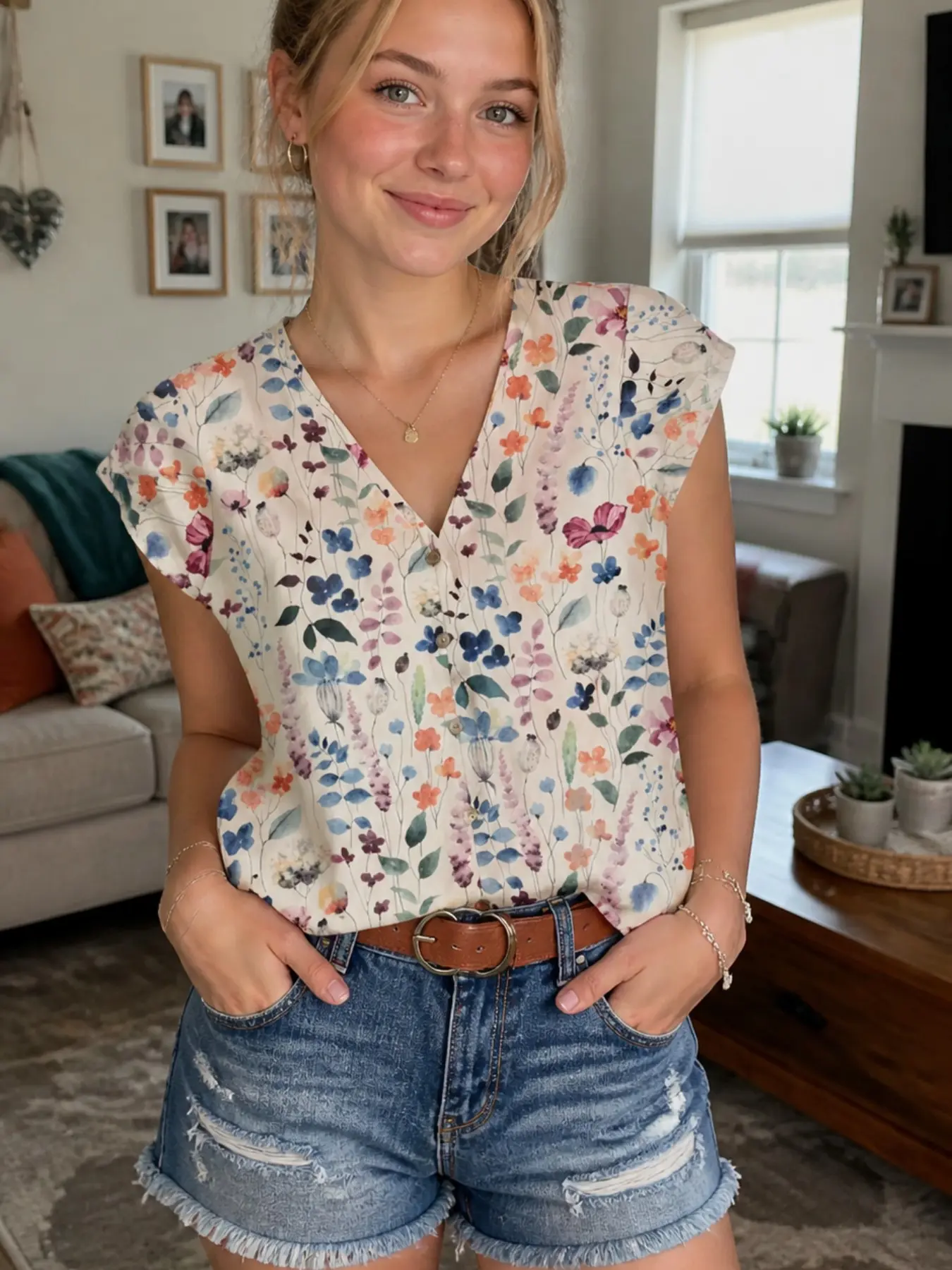 Summer Essential Watercolor Floral Shirt Blouse Tops, Elegant Artistic Style, Perfect for Casual Fashion, Stylish and Charming Design