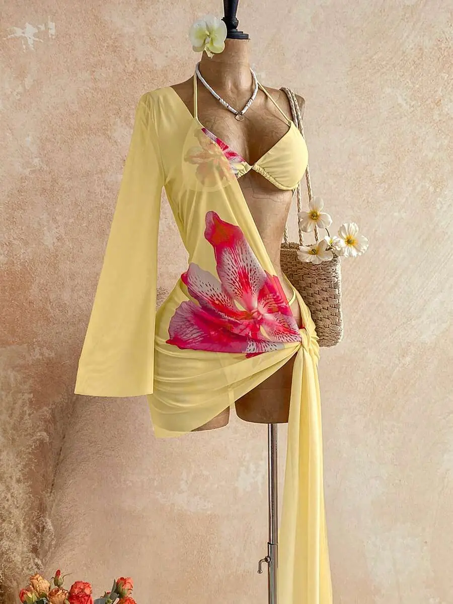 New Women's 3-Piece Beaded Swimsuit Set, Includes Sexy Halter Neck Mesh Cover-Up, Tie Design, Suitable For Vacation Wear.