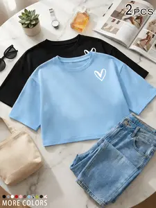 2 PCS Heart Print Crop Tops for Women, Y2K Aesthetic Cute Doodle Heart Graphic Tees, Casual Loose Short Sleeve Crewneck Cropped T-Shirts,Coquette Outfit,Daily Wear, School, Shopping, Beach, Sweet Feminine Style for Teen Girls, Gen Z Fashion Lovers