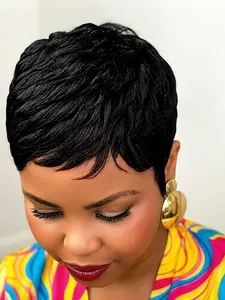 Short Pixie Cut Human Hair Wig for Women, Remy Hair, Layered Wavy Short Wig with Bangs, Natural Looking Daily Wear Wig