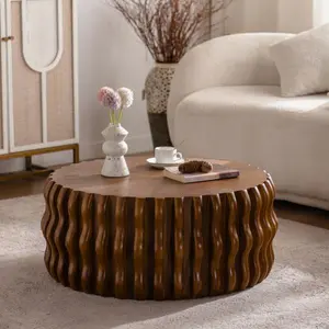 Bellemave  Ribbed Wave Round Coffee Table - Solid Wood & MDF Mid-Century Center Table, Brown Modern Drum Fluted Coffee Table for Living Room/Apartment (Fully Assembled)