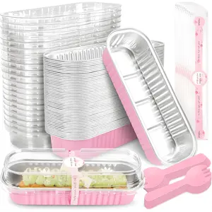 50 Pack Mini Cake Pans with Lids & Spoons Pink 6.8oz Aluminium Foil Loaf Pans for Baking, Meal Prep, Desserts, Party Favors & Food Storage Disposable Mini Bread Pans with Secure Clear Lids