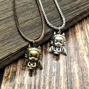 Retro dark-style devil pendant necklace, distressed brass/silver tone, trendy and cool necklace, niche design dark-style accessory. casual gift hip hop adjustable black gemstone wrap set  decadenas