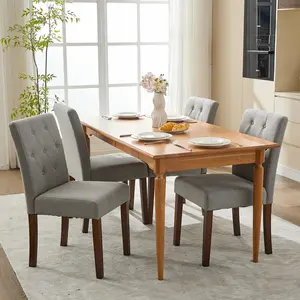 Modern Upholstered Dining Chairs Set of 4 - Linen Fabric, Button Tufted, High Padded Back, Wide Seat, Sturdy Wood Legs - Comfortable Accent for Dining Room, Kitchen, Restaurant, Living Room - Beige