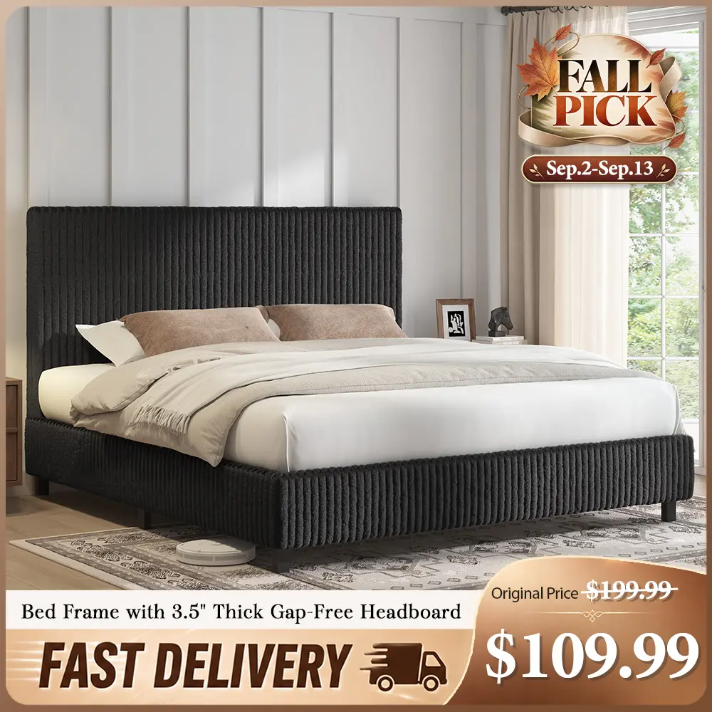 AMERLIFE Upholstered Bed Frame, Corduroy Platform Bed with 3.5" Thick Gap-Free Headboard, Fully Padded, Metal Frame with Strong Slats, No Box Spring Needed[tiktokshopbacktoschool][SohoChic]