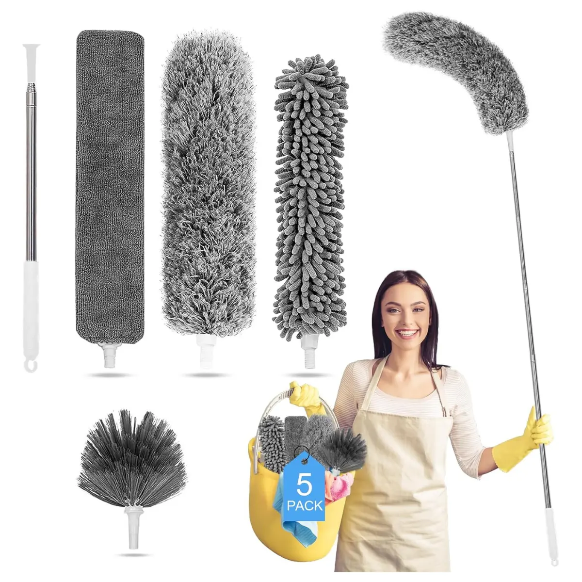 5 in 1 Microfiber Duster Kit with Extension Pole 100 Inch, Cobweb Cleaner for High Ceilings Fans Set Cleaning Extendable