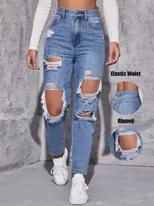 Women's Straight Leg Denim Harem Pants, Elastic, Distressed Design, Conceals Fatigue, Shows Legs Long, Pockets, Fashion Casual Womenswear Jeans
