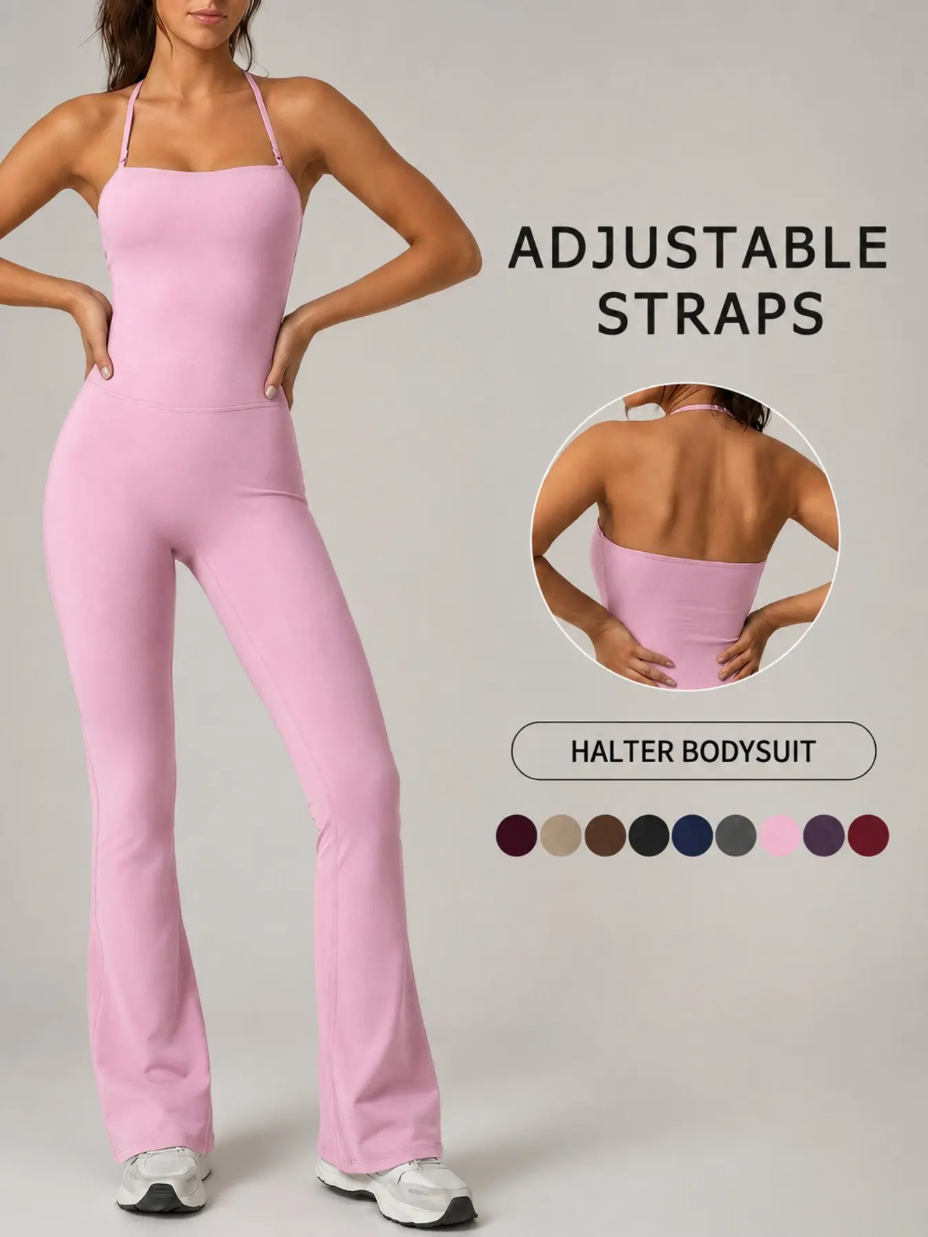 Women's Sports Bodysuit Solid Color Halter Neck Adjustable Straps Breathable High Waist Wide Leg Four Way Stretch Shaping Yoga Wear Gym Training Outdoor Sports Moisture Wicking Daily Casual Jumpsuit, Sporty Yoga Jumpsuit, Yoga Workout Jumpsuits