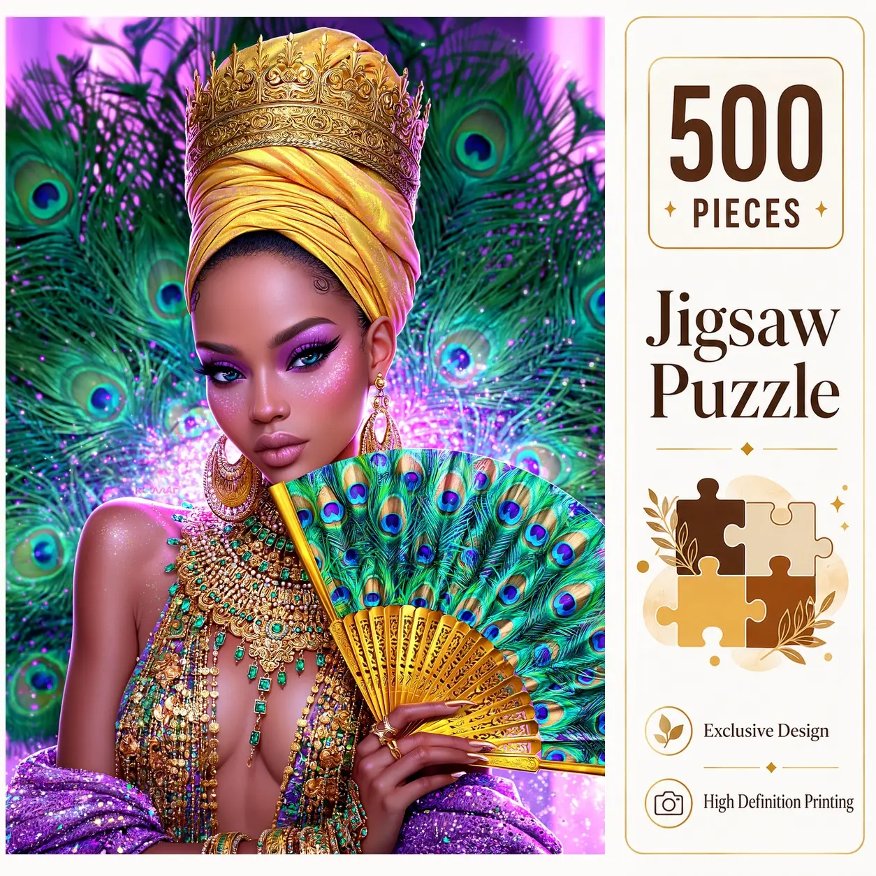 Royal Peacock Queen 500 Pieces Jigsaw Puzzle, Colorful Fantasy Art Puzzle for Adults, Family Game for Relaxation and Stress Relief, Brain Exercise Challenge, Wall Decor, Gift for Puzzle Lovers and Seniors, 15x20.5inch(38x52cm)
