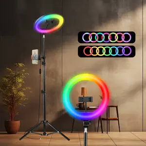 10-inch RGB circle light with 63-inch Tripod and 2 Phone Holder, Selfie Circle Light for Live Stream/Video Recording/TikTok, Compatible with  Phones Video light#Mother's Day Gift