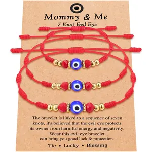 7-Knot Evil Eye Bead Bangle, Adjustable String Mommy-and-Me Bracelets, Unisex Family Costume Jewelry for Birthday Gifting, Beads