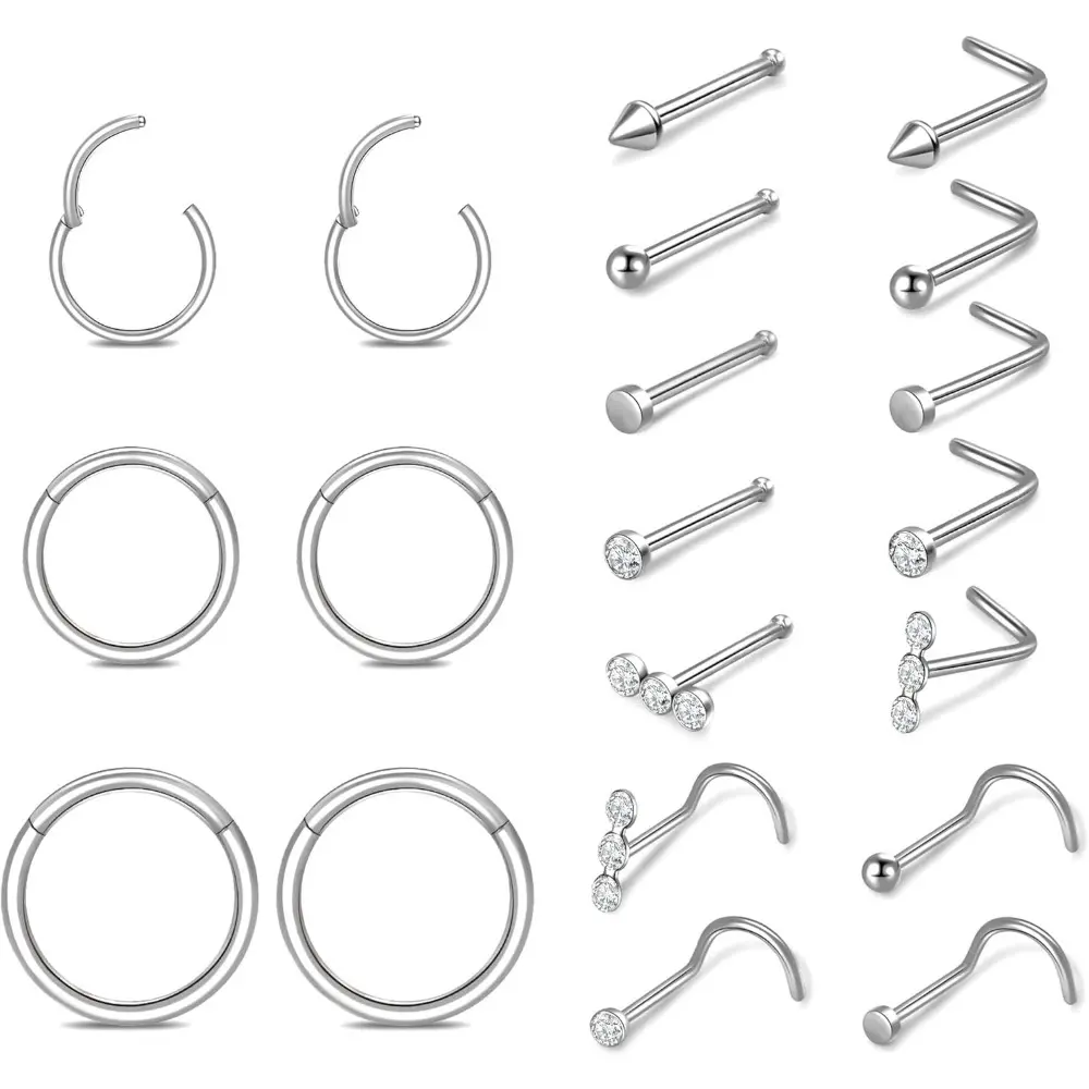 20PCS Surgical Steel Nose Ring,Hypoallergenic Nose Rings Studs Set,L Shape Nose Studs for Women Men body pirc in g septum fake multiple noserings