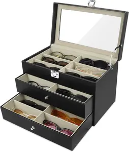 Sunglasses Organizer 18 Slots, Multiple Pairs Glasses Storage Case Leather Eyeglasses Display Box for Women Men