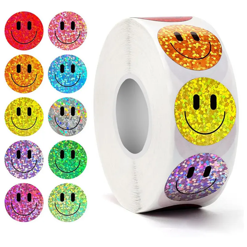 500PCS Smiling Glitter Star Smiley Face Stickers Colorful Sparkling Foil Happy Motivational Student Award Stickers Cute Stationery Supplies Student Essentials